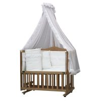 تخت و گهواره نوزاد چوبی رنگ قهوه ای Momishop با تور سفید